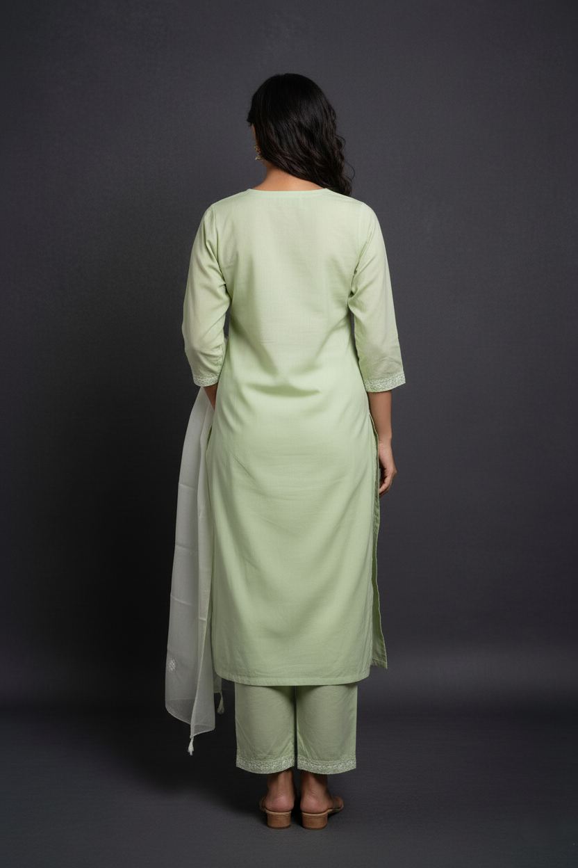 Pure Rayon Lawn Cotton Thread-work Designer Suit - Pistachio