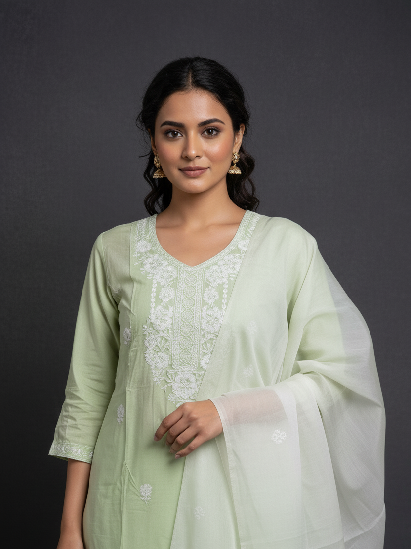Pure Rayon Lawn Cotton Thread-work Designer Suit - Pistachio