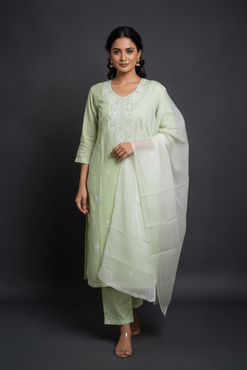Pure Rayon Lawn Cotton Thread-work Designer Suit - Pistachio