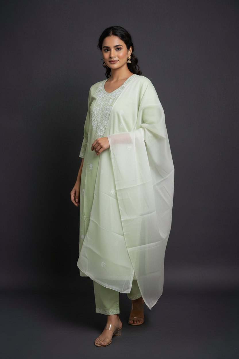 Pure Rayon Lawn Cotton Thread-work Designer Suit - Pistachio