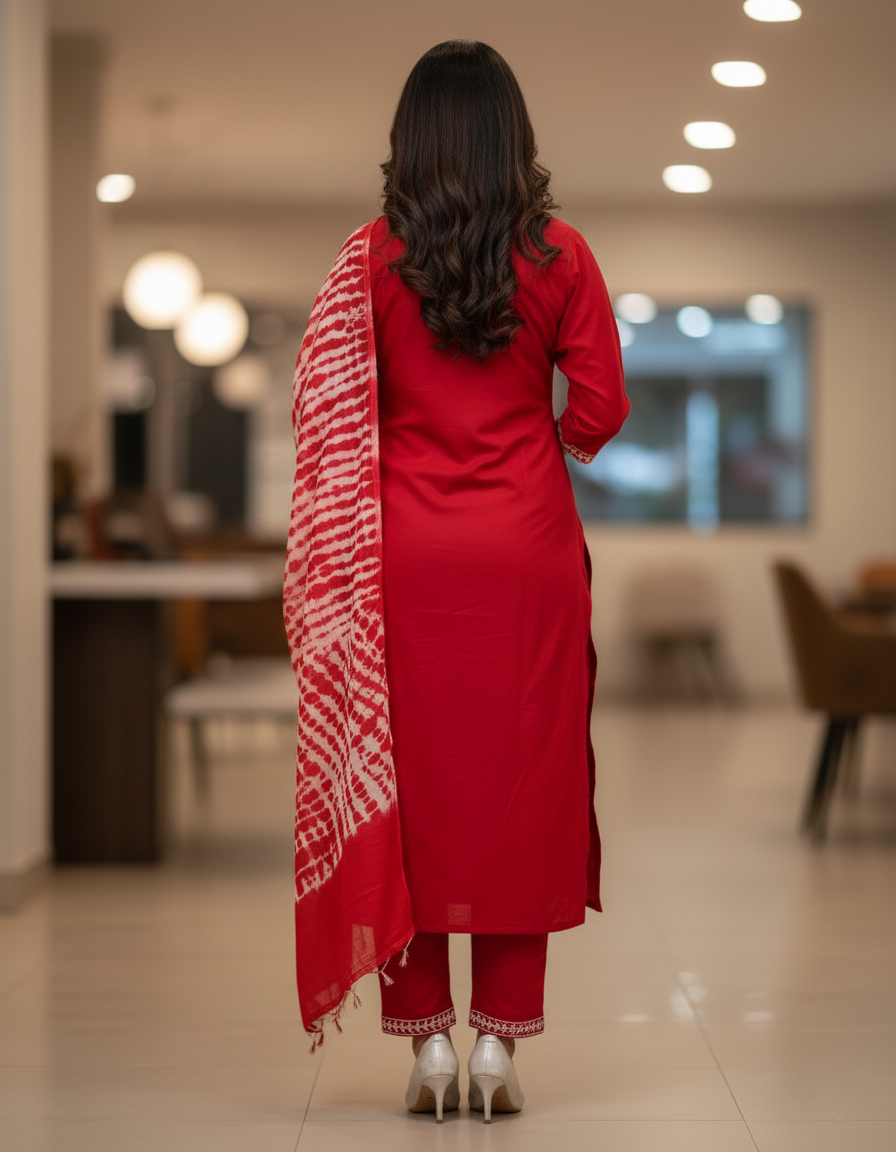 Pure Rayon Lawn Cotton Thread-work Designer Suit - Red