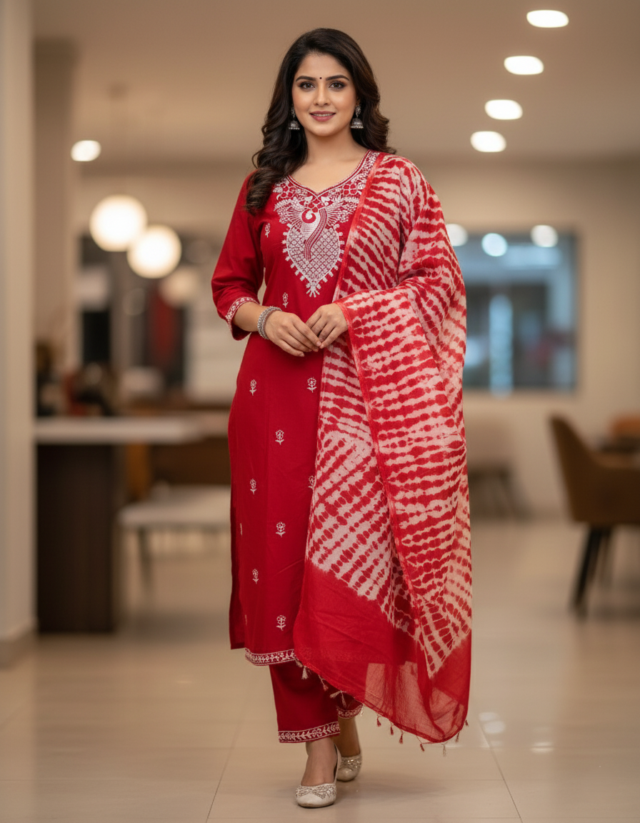 Pure Rayon Lawn Cotton Thread-work Designer Suit - Red