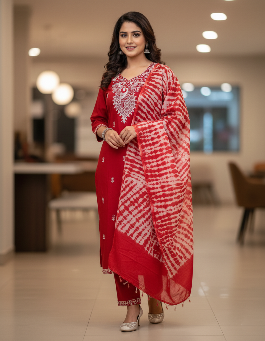 Pure Rayon Lawn Cotton Thread-work Designer Suit - Red