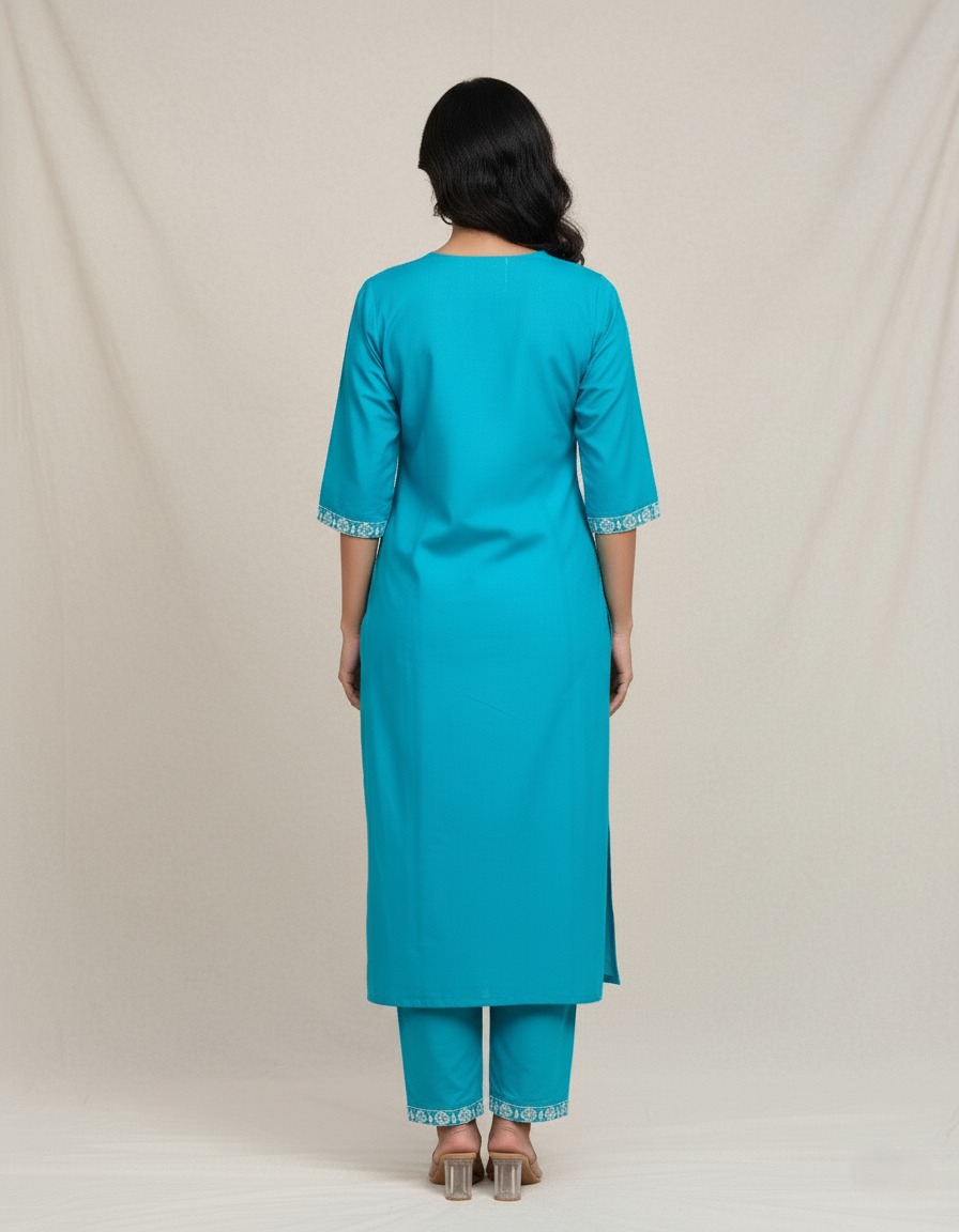 Pure Rayon Lawn Cotton Thread-work Designer Suit - Turquoise