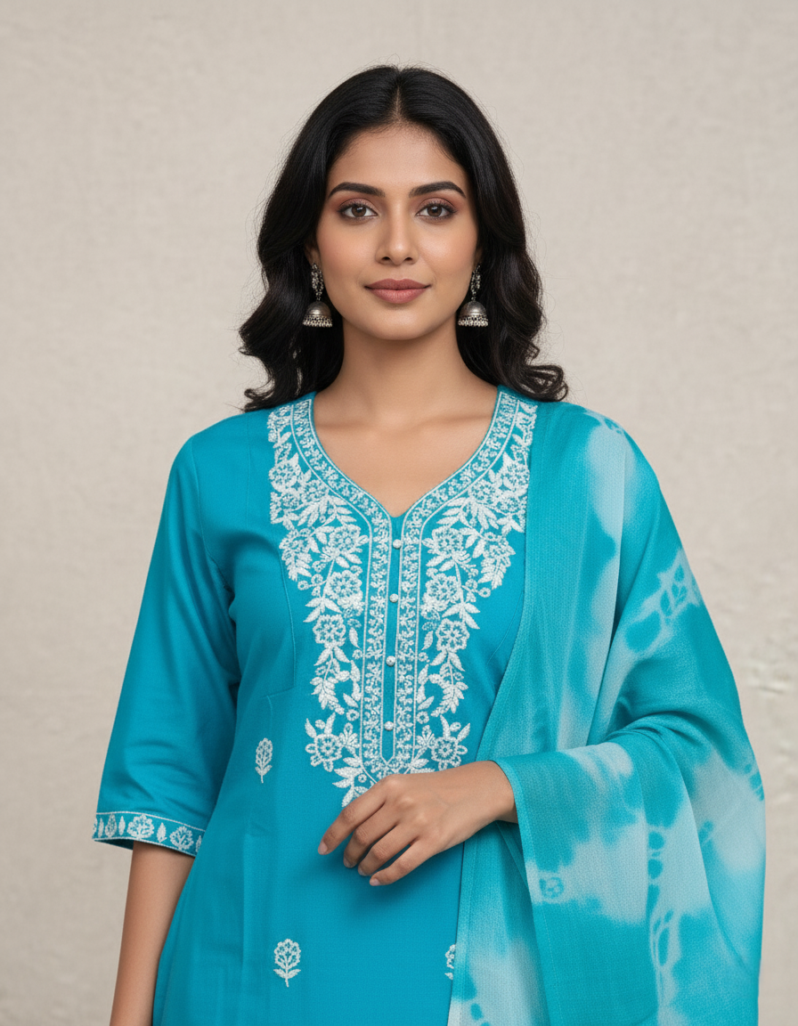 Pure Rayon Lawn Cotton Thread-work Designer Suit - Turquoise