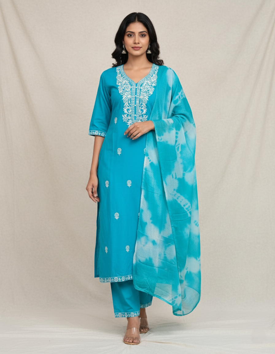 Pure Rayon Lawn Cotton Thread-work Designer Suit - Turquoise