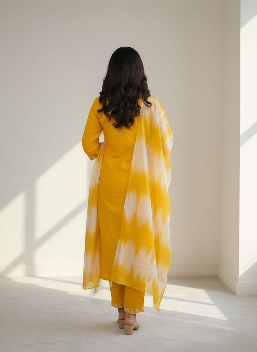 Pure Rayon Lawn Cotton Thread-work Designer Suit - Yellow