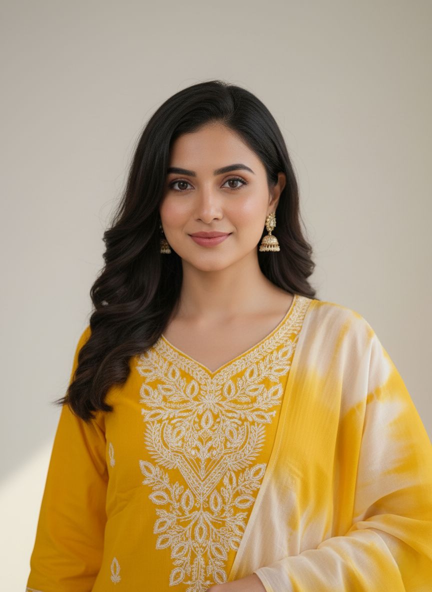 Pure Rayon Lawn Cotton Thread-work Designer Suit - Yellow