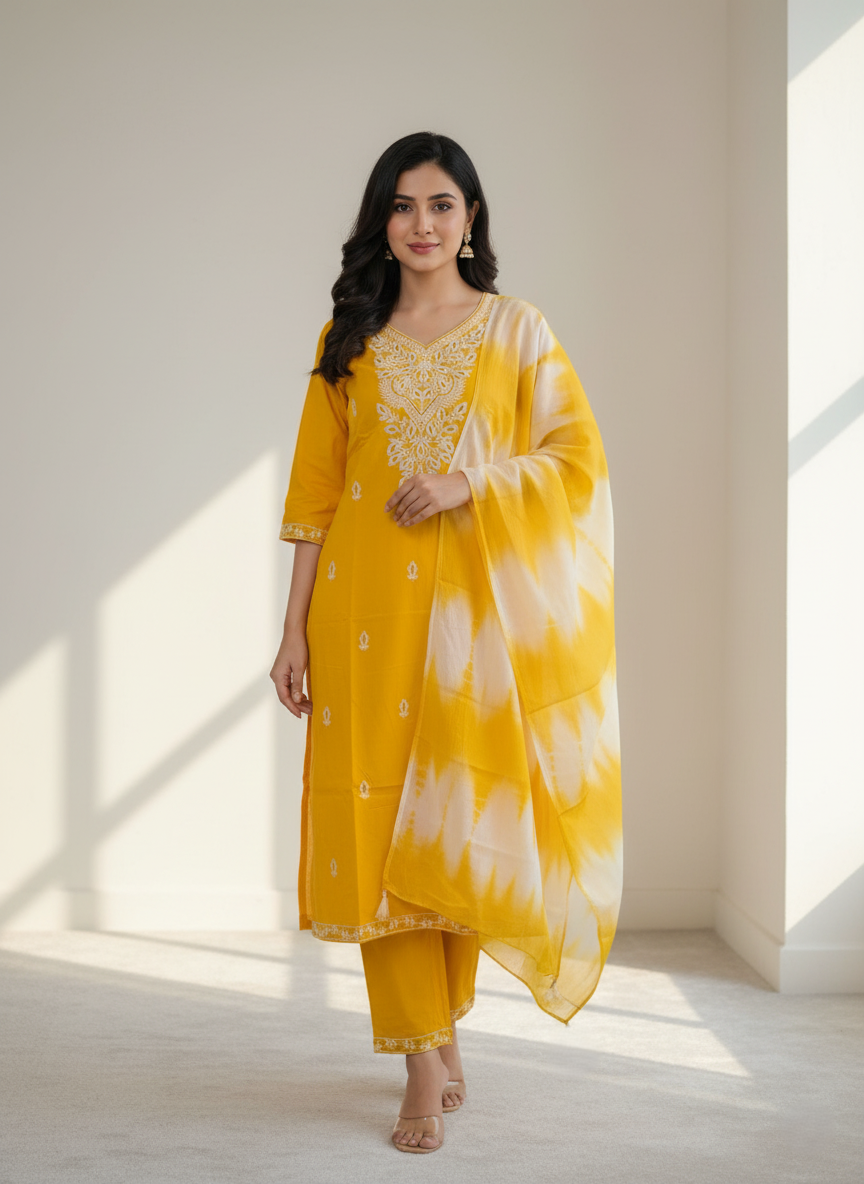Pure Rayon Lawn Cotton Thread-work Designer Suit - Yellow