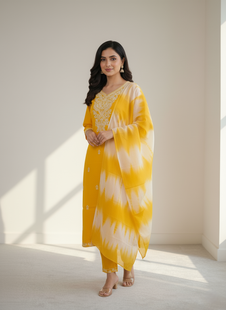 Pure Rayon Lawn Cotton Thread-work Designer Suit - Yellow