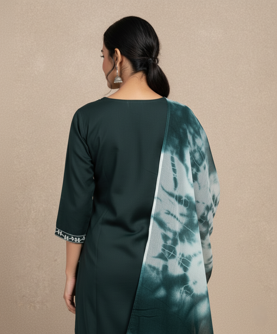 Pure Rayon Lawn Cotton Thread-work Designer Suit - Forest Green