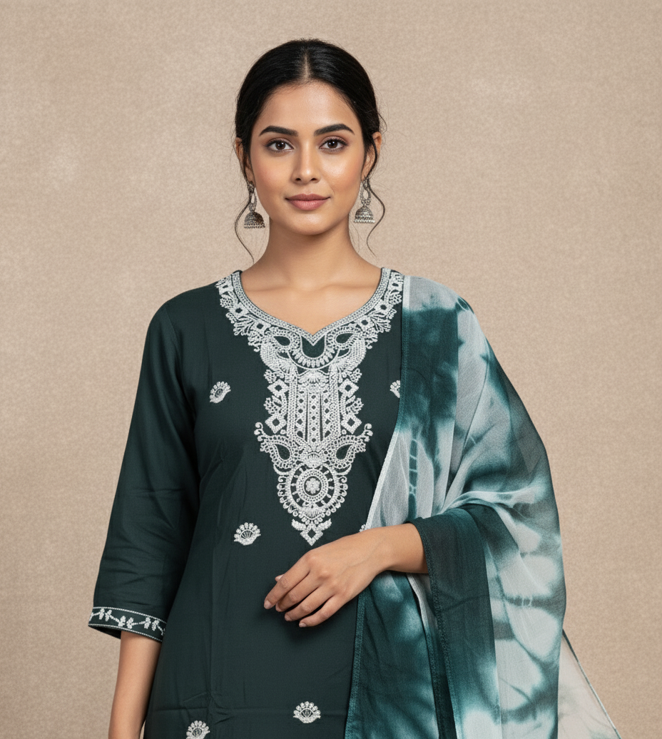 Pure Rayon Lawn Cotton Thread-work Designer Suit - Forest Green