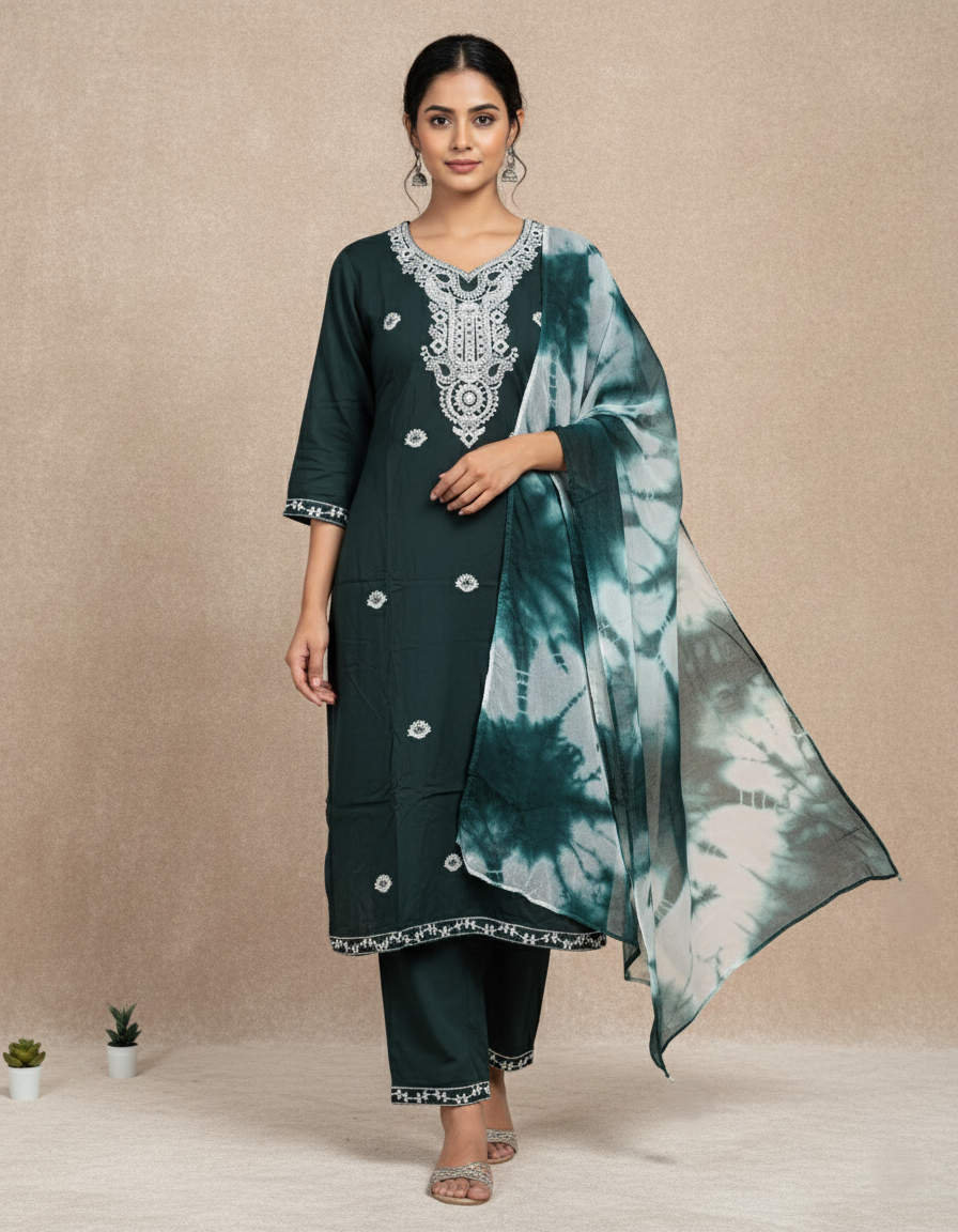 Pure Rayon Lawn Cotton Thread-work Designer Suit - Forest Green