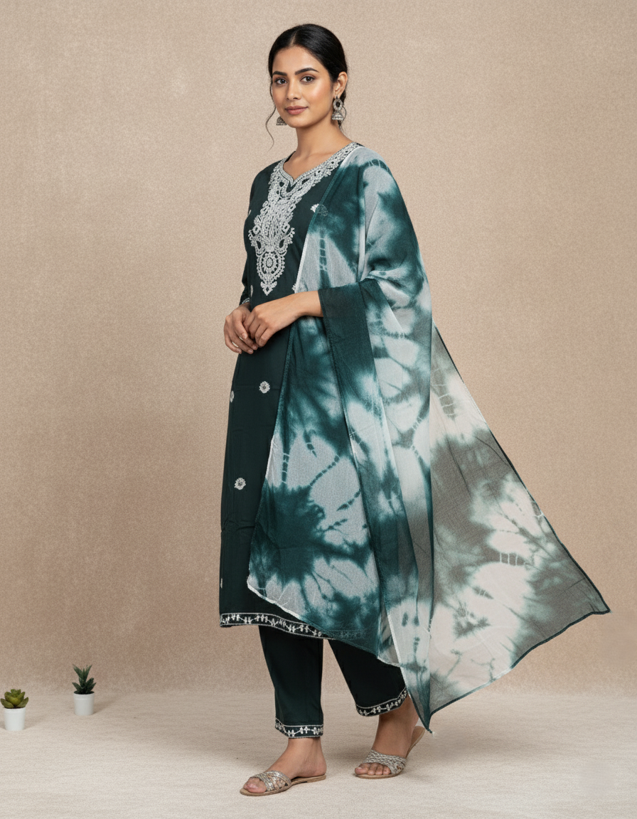 Pure Rayon Lawn Cotton Thread-work Designer Suit - Forest Green
