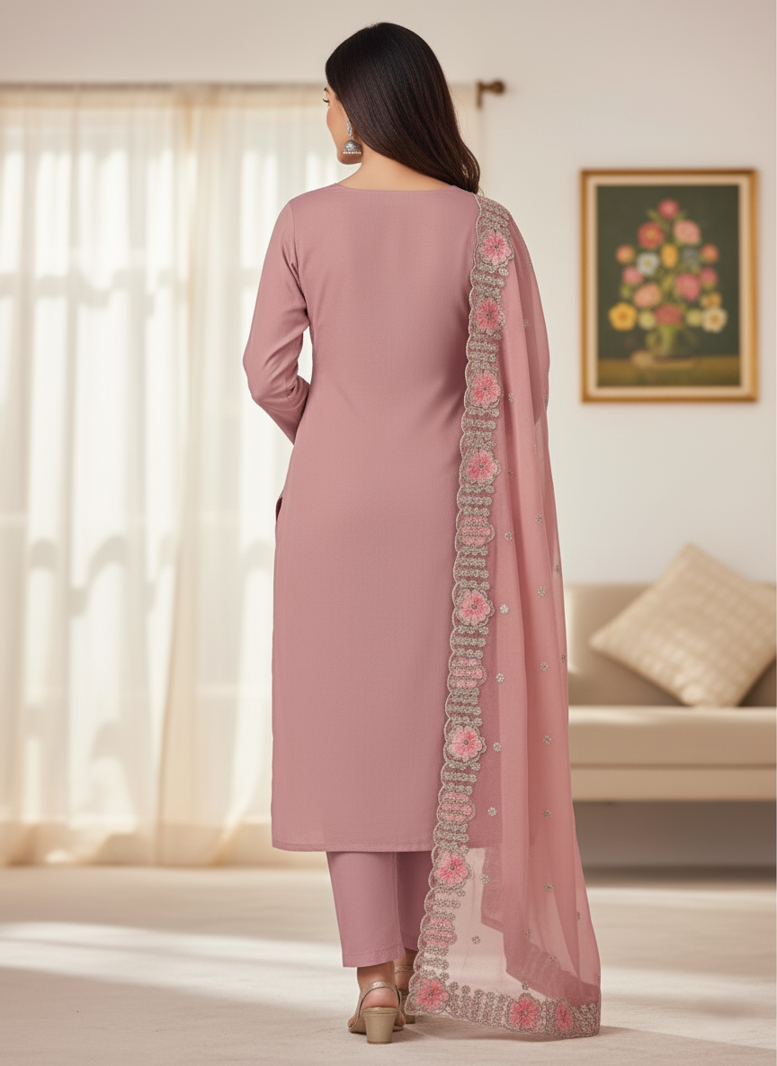 Chinon Georgette Silk, Floral Embroidered, Handcrafted Zari Work Suit - Pink