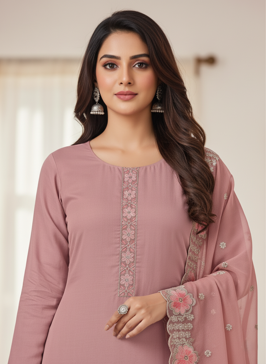 Chinon Georgette Silk, Floral Embroidered, Handcrafted Zari Work Suit - Pink