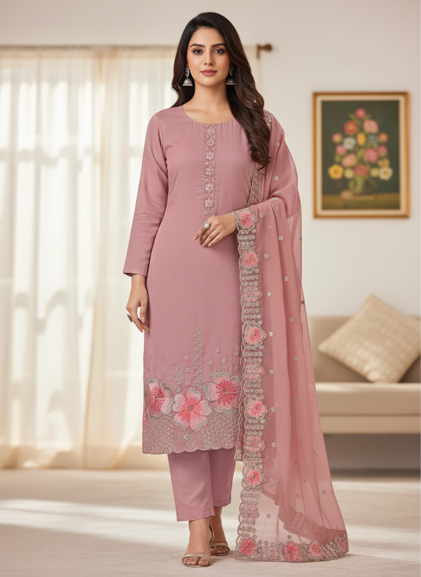 Chinon Georgette Silk, Floral Embroidered, Handcrafted Zari Work Suit - Pink