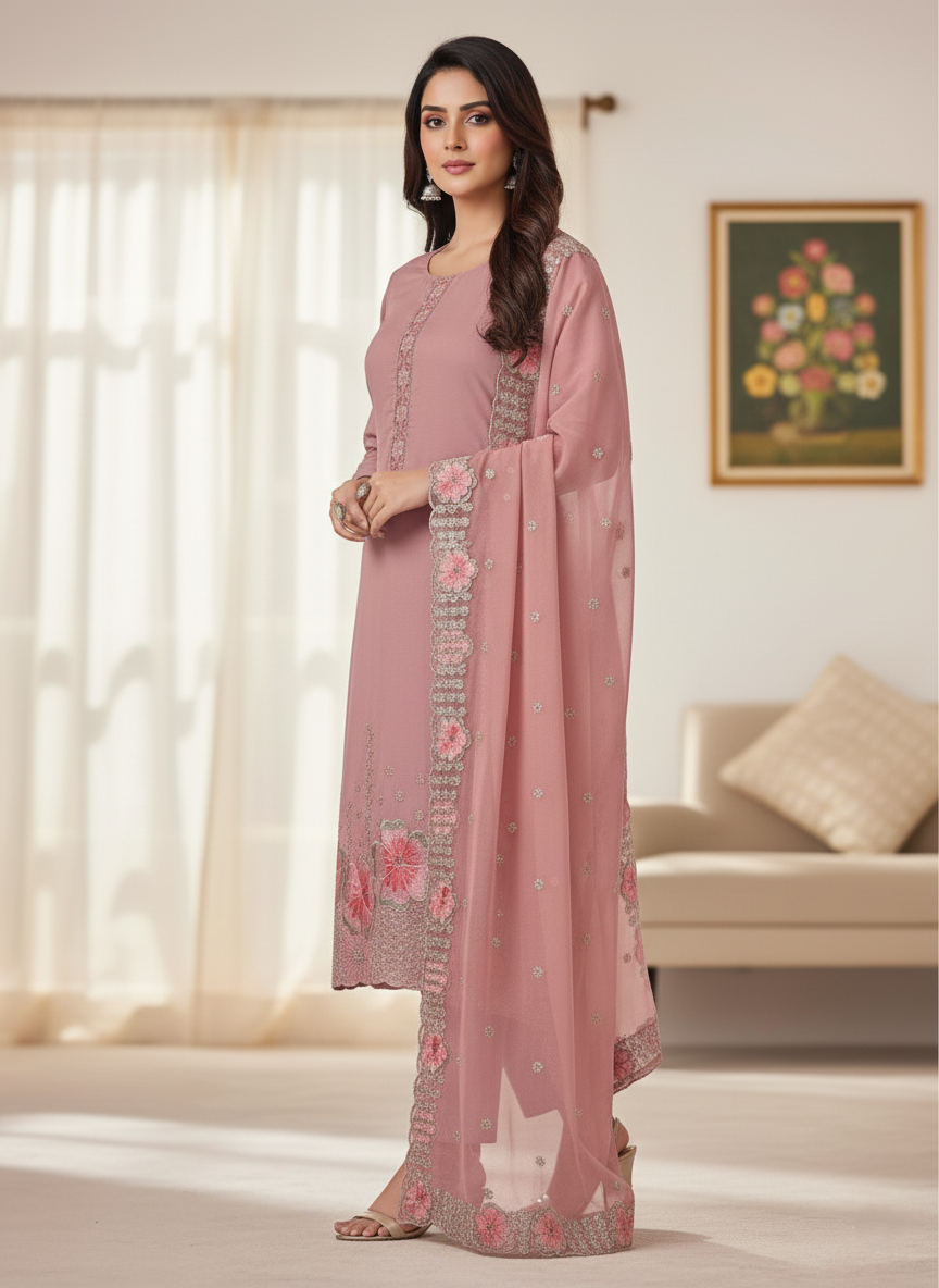 Chinon Georgette Silk, Floral Embroidered, Handcrafted Zari Work Suit - Pink