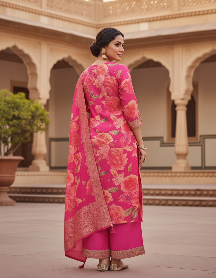 Kanchi Banaras Premium Floral Print Tussar Silk Palazzo Suit - Pink