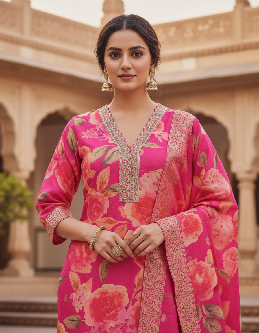 Kanchi Banaras Premium Floral Print Tussar Silk Palazzo Suit - Pink