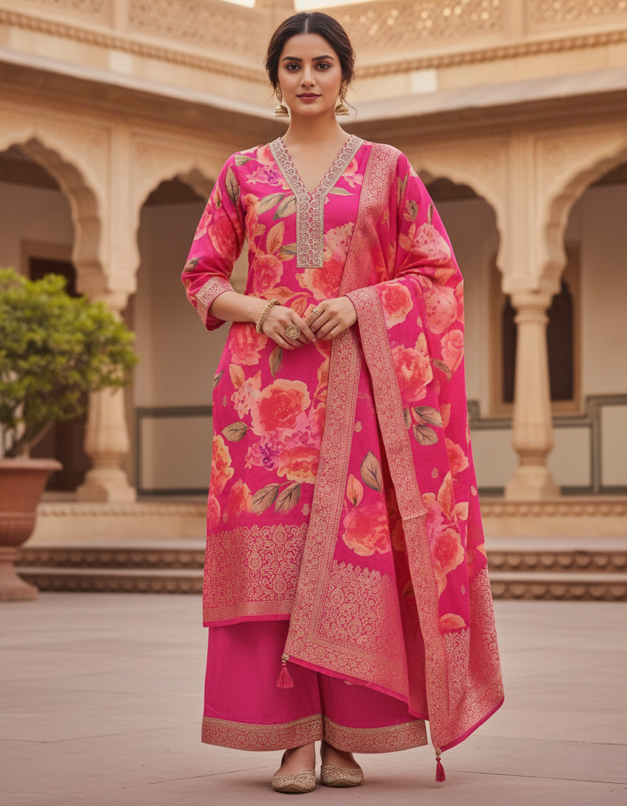 Kanchi Banaras Premium Floral Print Tussar Silk Palazzo Suit - Pink