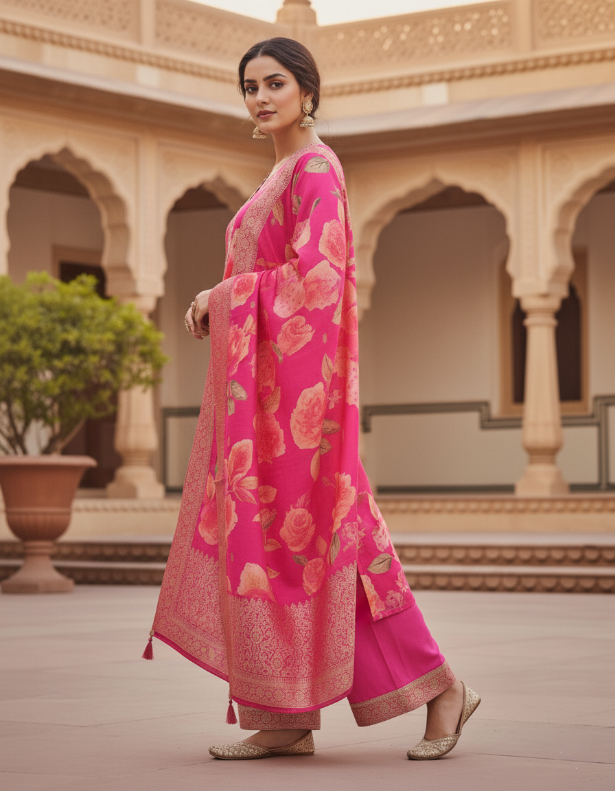Kanchi Banaras Premium Floral Print Tussar Silk Palazzo Suit - Pink