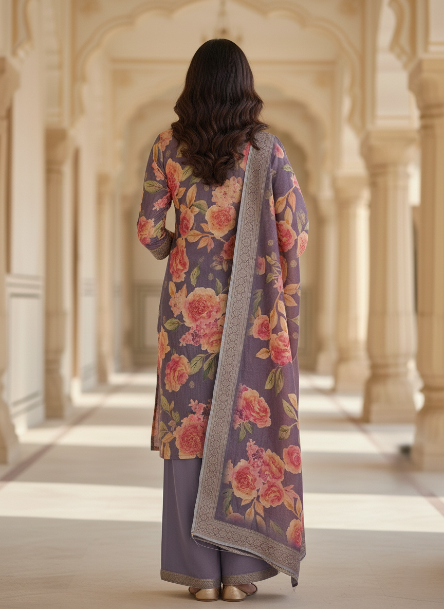 Kanchi Banaras Premium Floral Print Tussar Silk Palazzo Suit - Purple