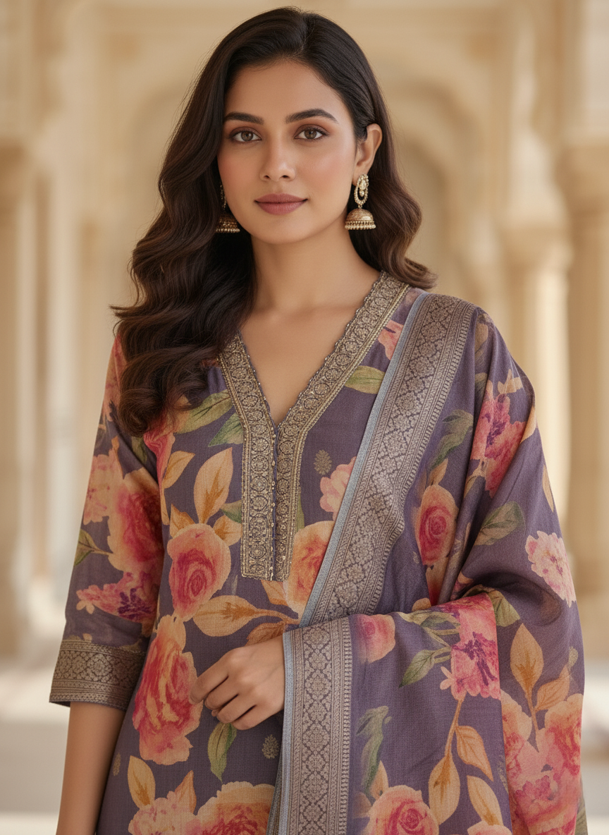 Kanchi Banaras Premium Floral Print Tussar Silk Palazzo Suit - Purple