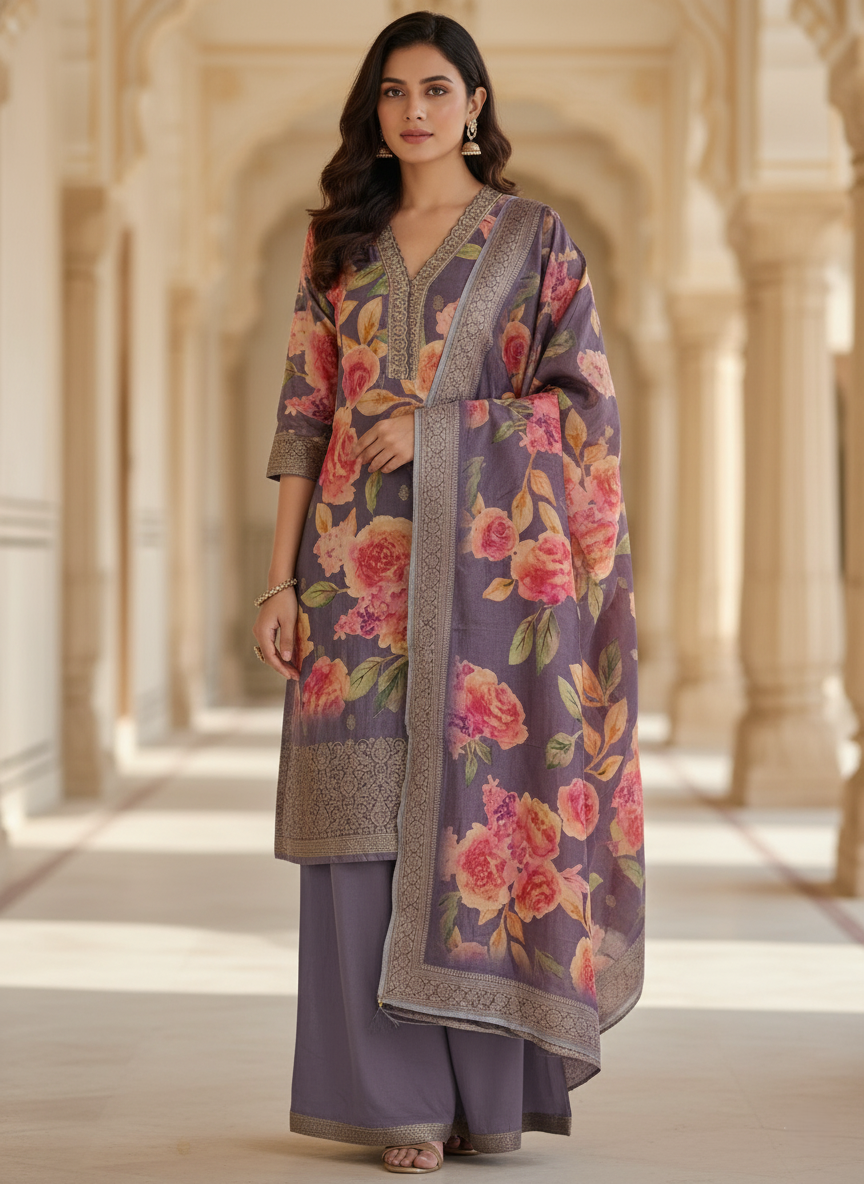 Kanchi Banaras Premium Floral Print Tussar Silk Palazzo Suit - Purple
