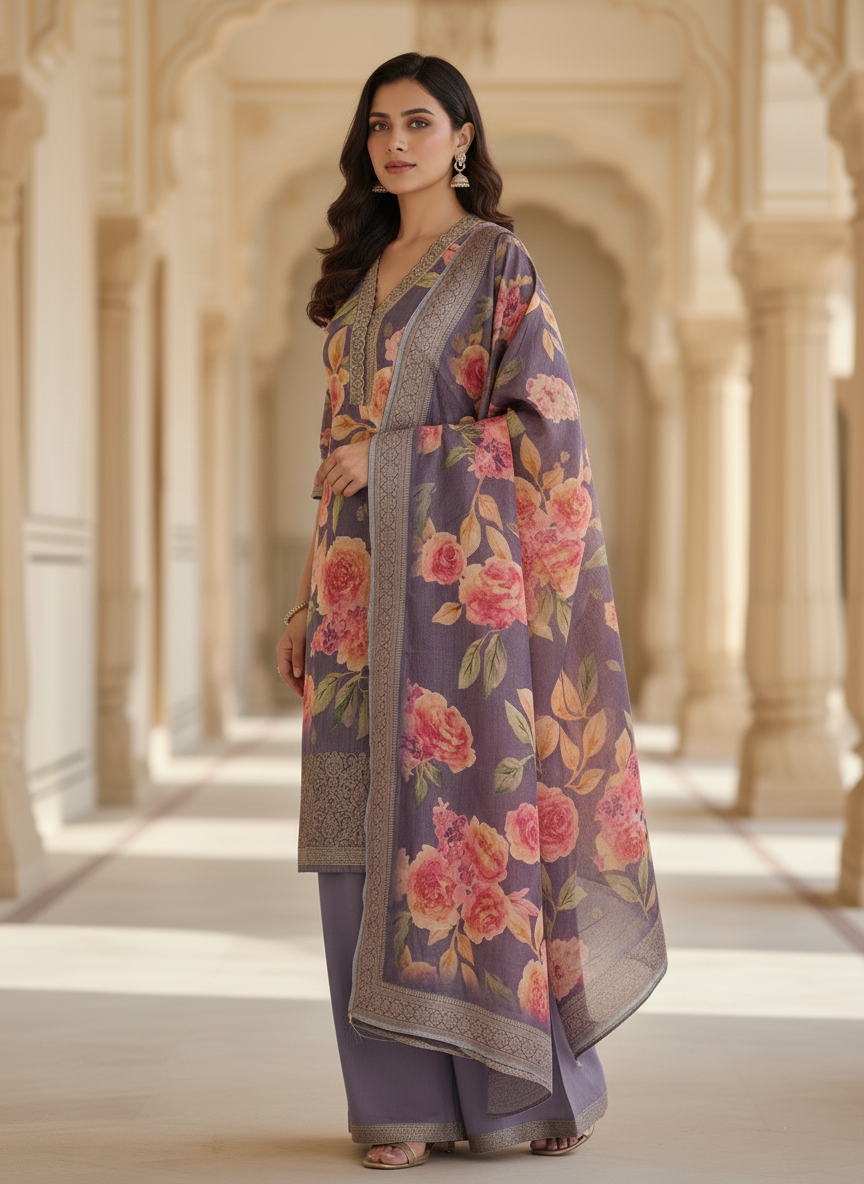Kanchi Banaras Premium Floral Print Tussar Silk Palazzo Suit - Purple