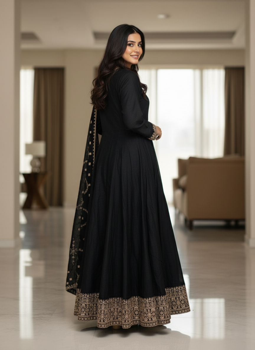 Pure Chinon Zari-work Premium Designer Formal Party Wear Long Frock - Classy Black