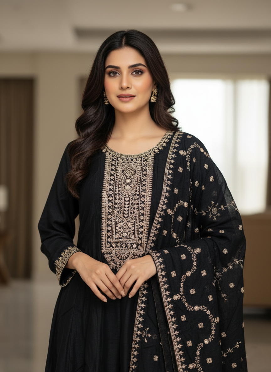 Pure Chinon Zari-work Premium Designer Formal Party Wear Long Frock - Classy Black