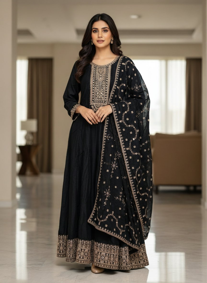Pure Chinon Zari-work Premium Designer Formal Party Wear Long Frock - Classy Black