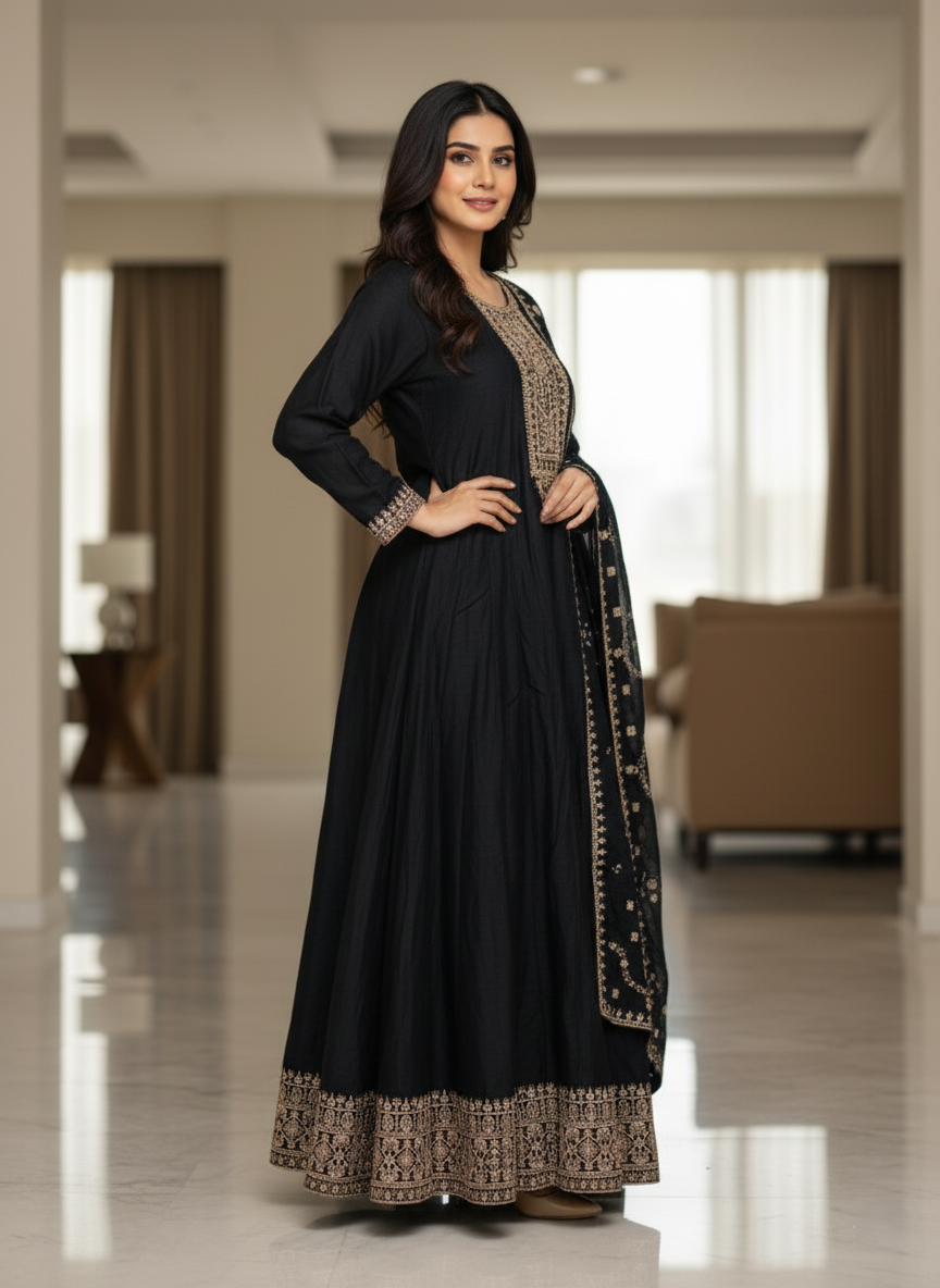 Pure Chinon Zari-work Premium Designer Formal Party Wear Long Frock - Classy Black