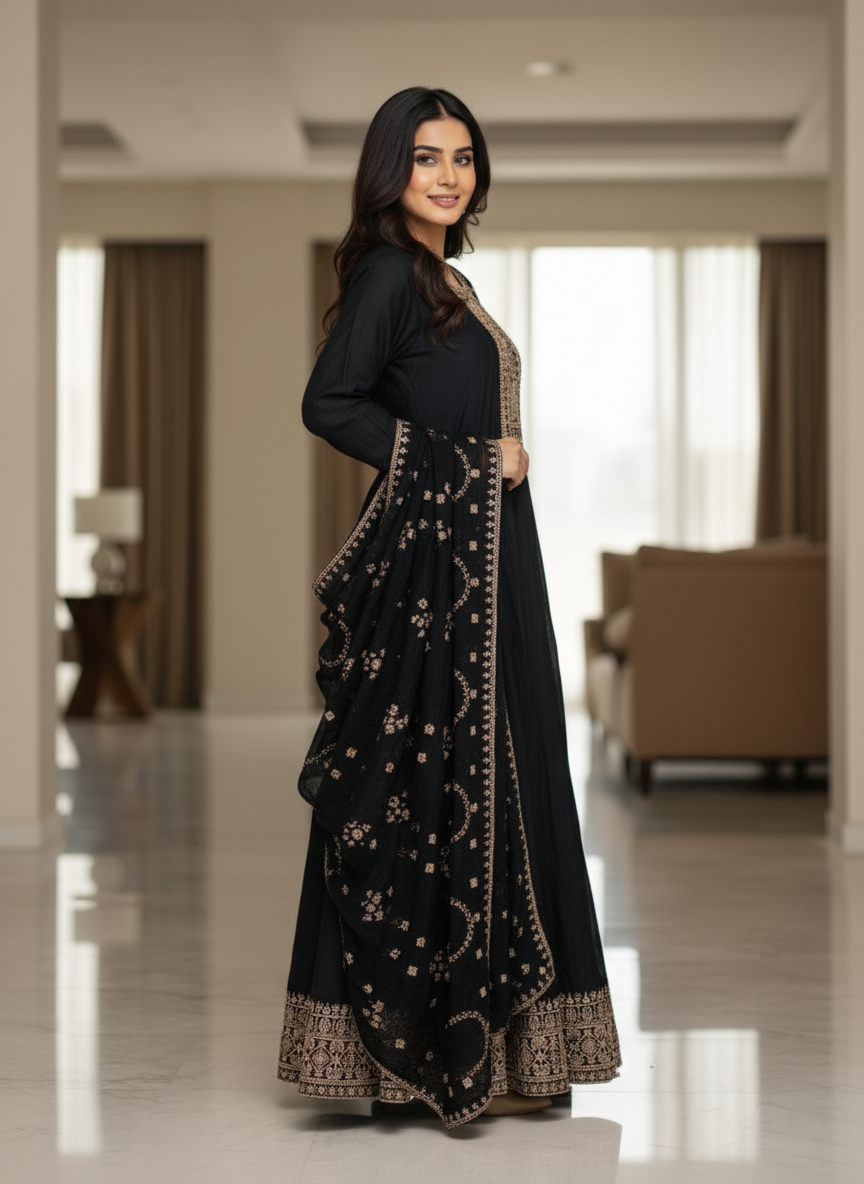 Pure Chinon Zari-work Premium Designer Formal Party Wear Long Frock - Classy Black