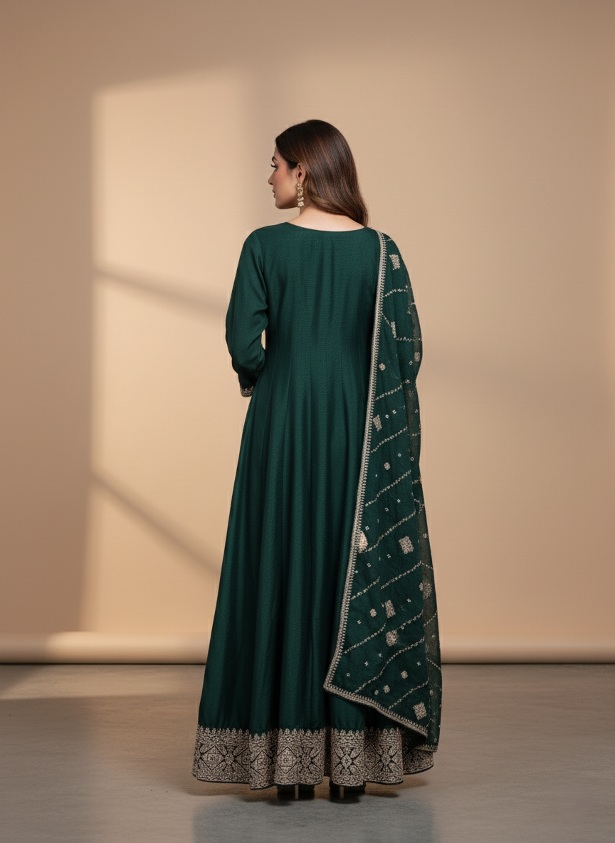 Pure Chinon Zari-work Premium Designer Formal Party Wear Long Frock - Emerald Green