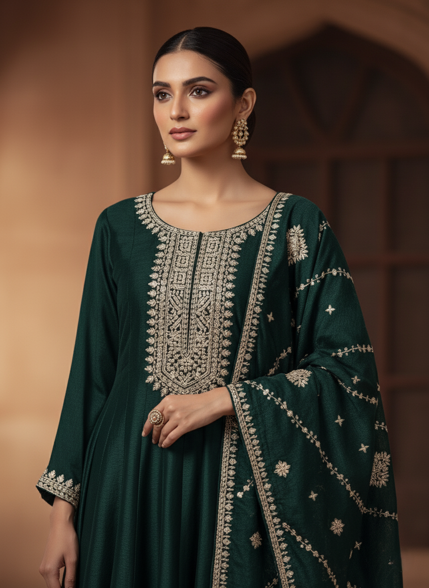 Pure Chinon Zari-work Premium Designer Formal Party Wear Long Frock - Emerald Green
