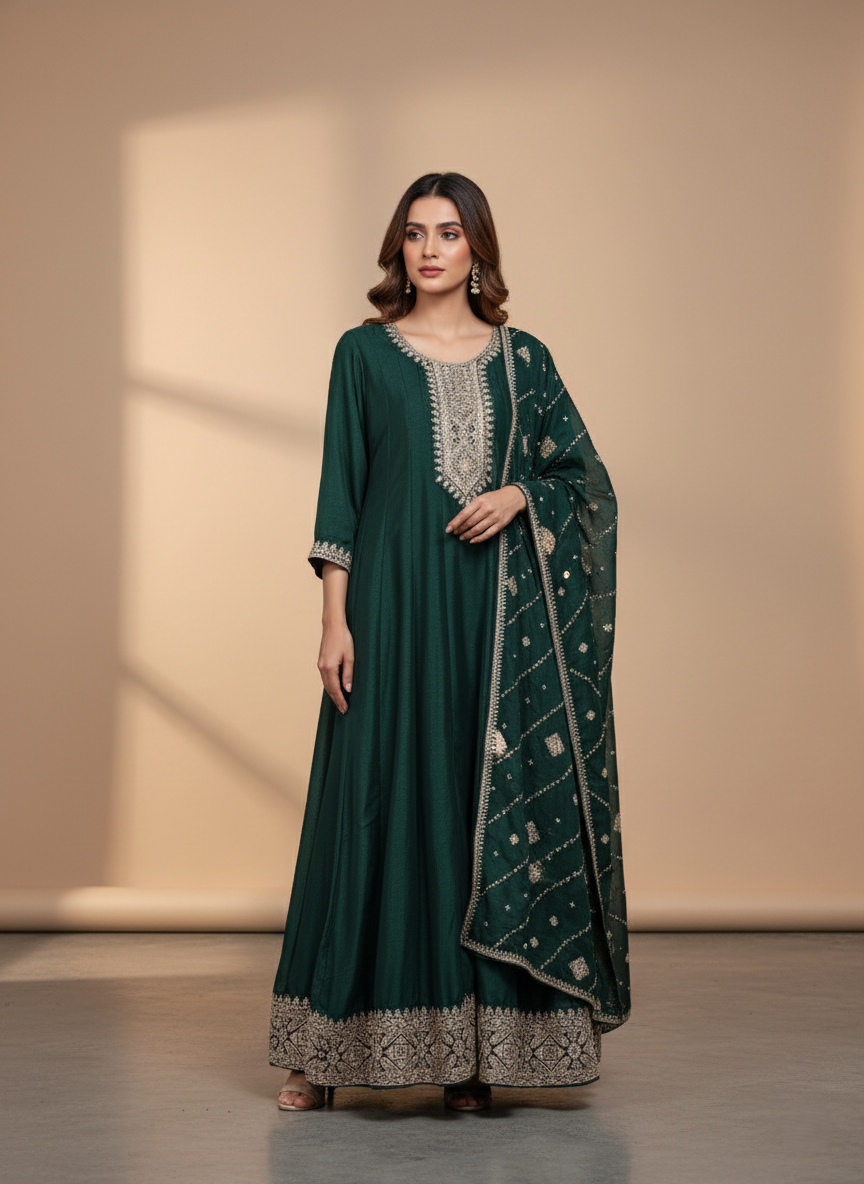 Pure Chinon Zari-work Premium Designer Formal Party Wear Long Frock - Emerald Green