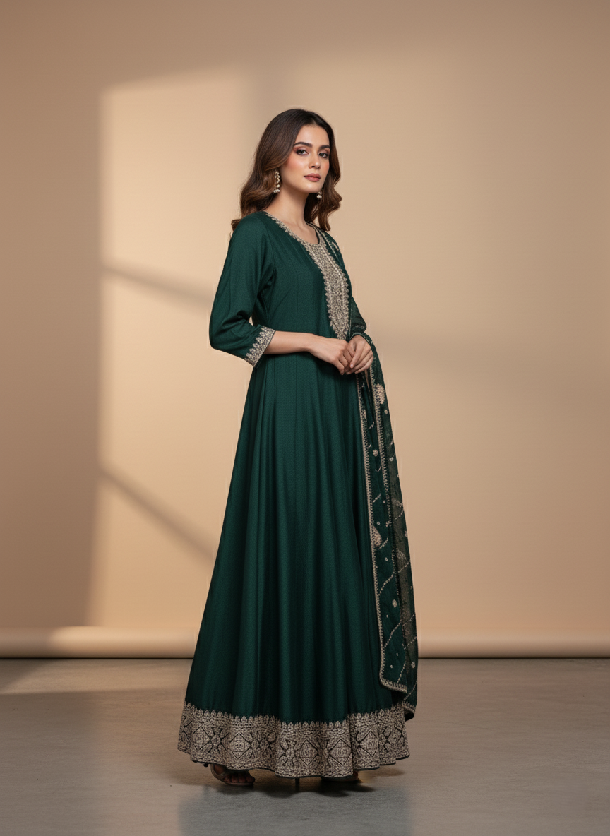 Pure Chinon Zari-work Premium Designer Formal Party Wear Long Frock - Emerald Green
