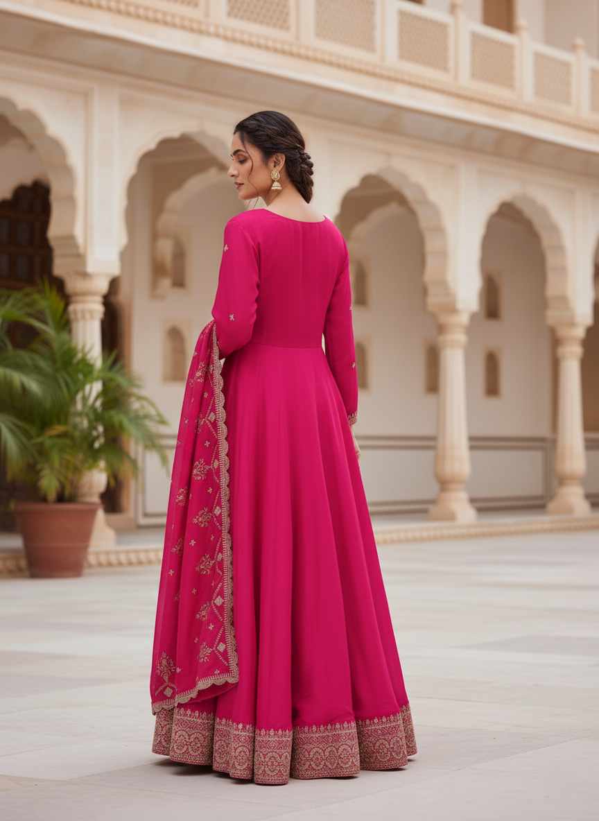 Pure Chinon Zari-work Premium Designer Formal Party Wear Long Frock - Rani Pink