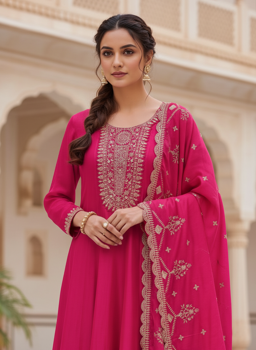 Pure Chinon Zari-work Premium Designer Formal Party Wear Long Frock - Rani Pink