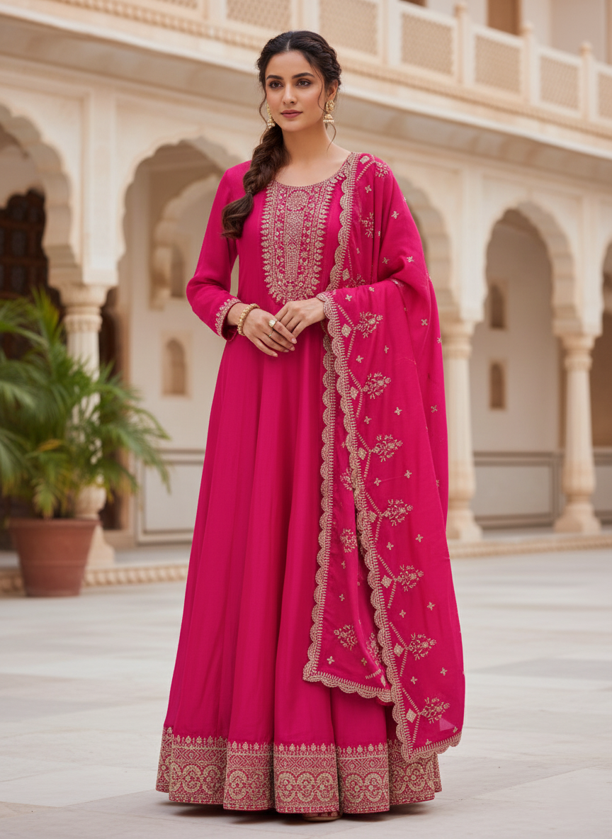 Pure Chinon Zari-work Premium Designer Formal Party Wear Long Frock - Rani Pink