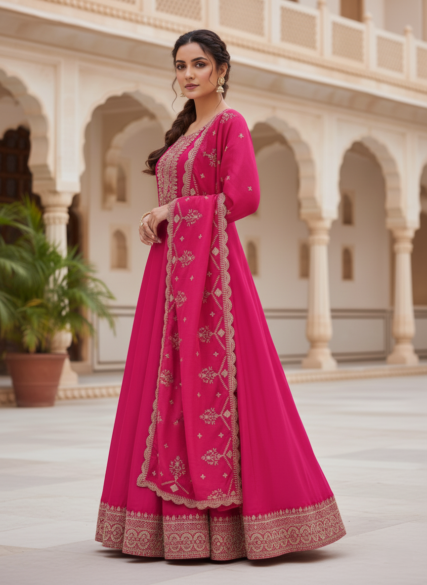 Pure Chinon Zari-work Premium Designer Formal Party Wear Long Frock - Rani Pink