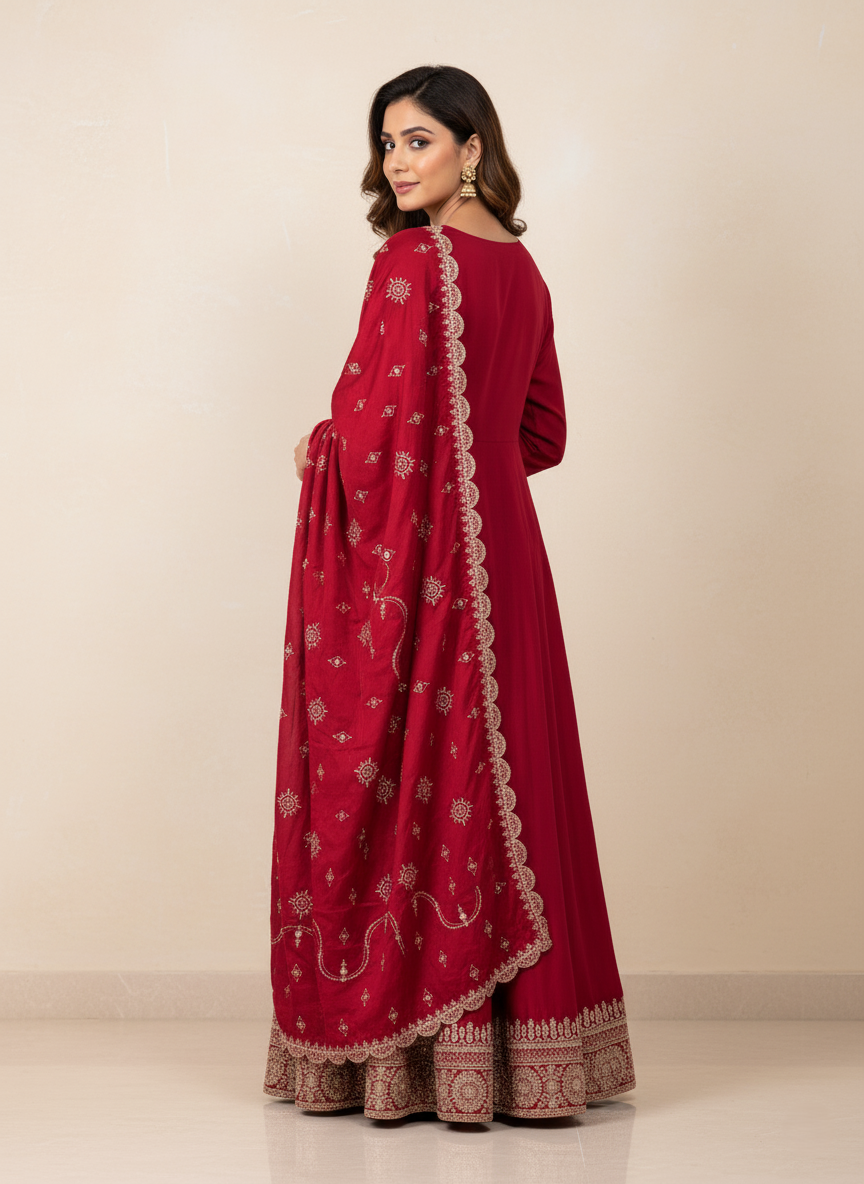 Pure Chinon Zari-work Premium Designer Formal Party Wear Long Frock - Ruby Red