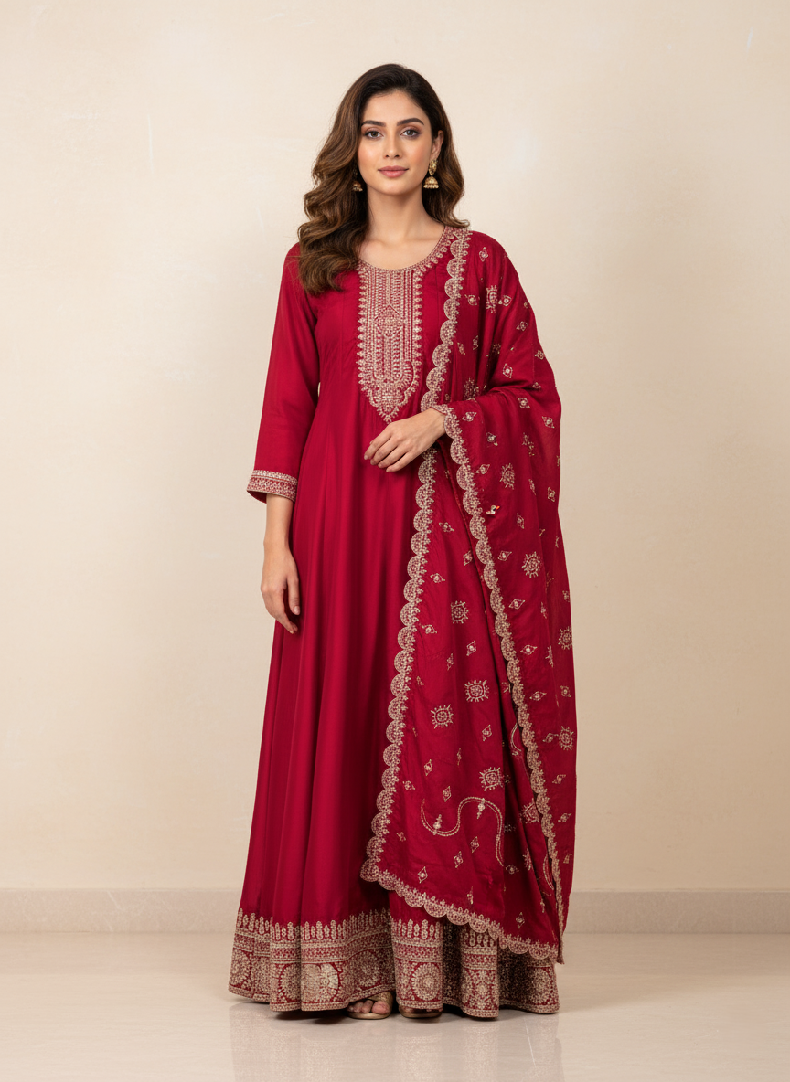 Pure Chinon Zari-work Premium Designer Formal Party Wear Long Frock - Ruby Red