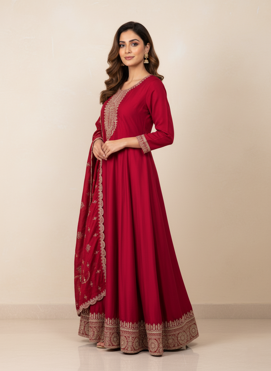 Pure Chinon Zari-work Premium Designer Formal Party Wear Long Frock - Ruby Red
