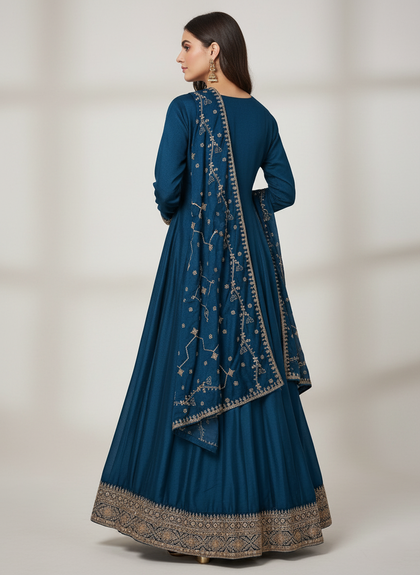 Pure Chinon Zari-work Premium Designer Formal Party Wear Long Frock - Teal Blue