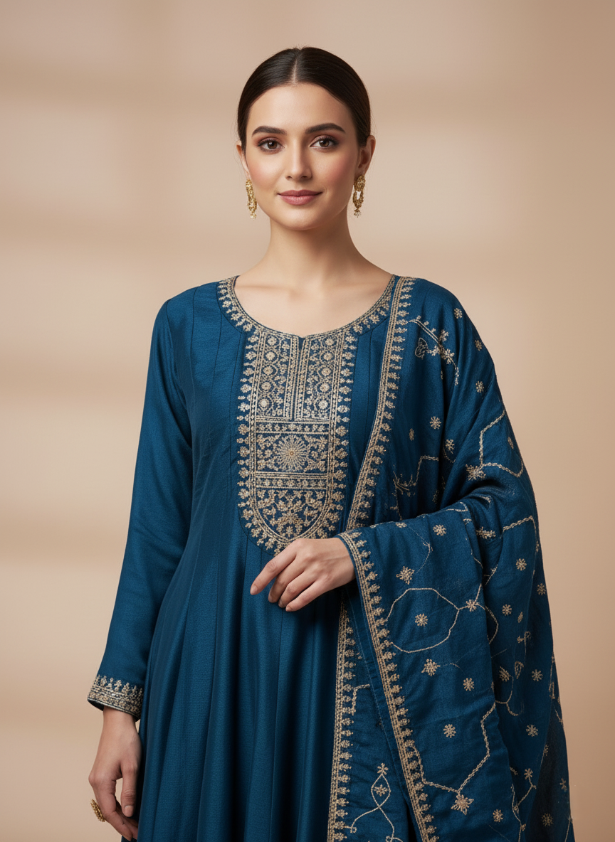 Pure Chinon Zari-work Premium Designer Formal Party Wear Long Frock - Teal Blue