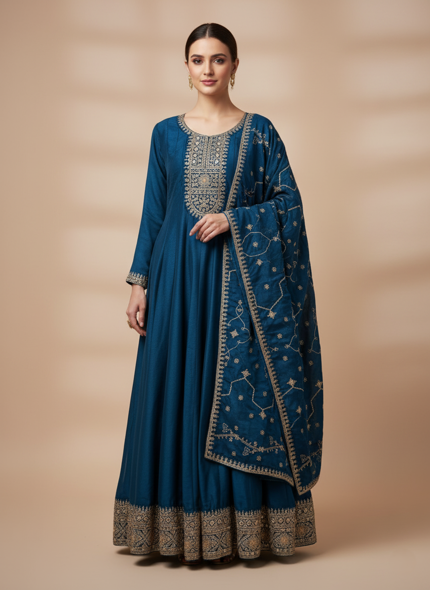 Pure Chinon Zari-work Premium Designer Formal Party Wear Long Frock - Teal Blue