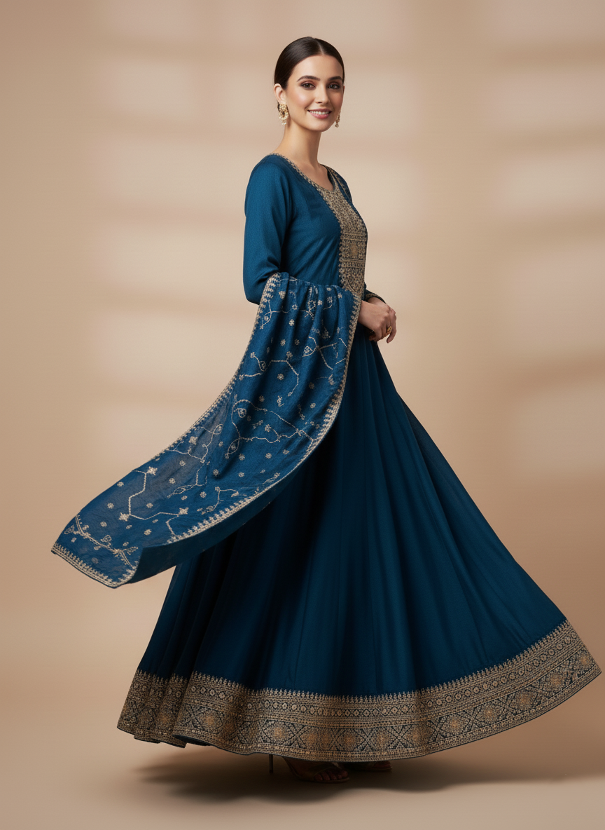 Pure Chinon Zari-work Premium Designer Formal Party Wear Long Frock - Teal Blue